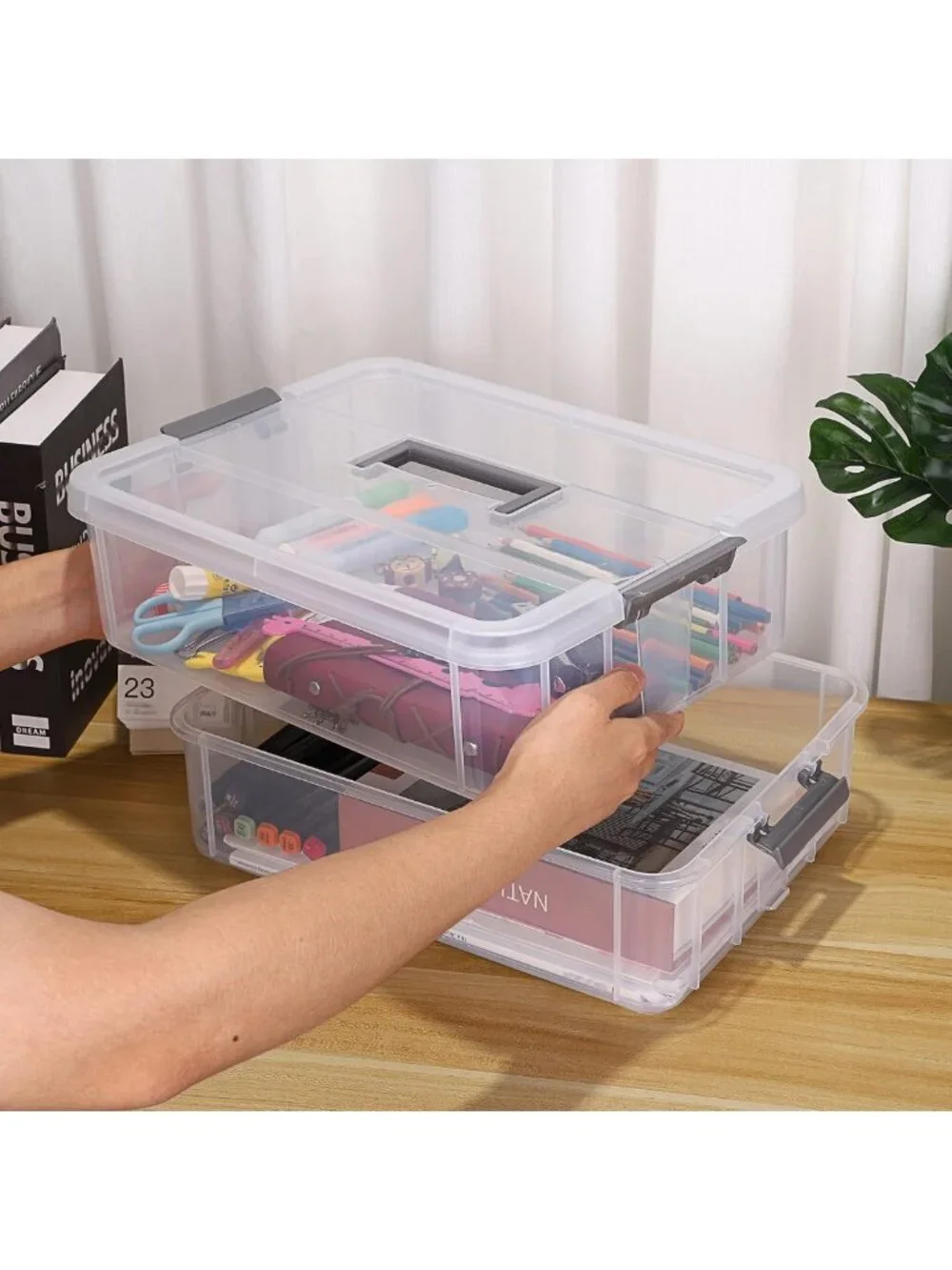 Clear Stackable 2-Tier Storage Containers with Handle | Craft & Office Organizer
